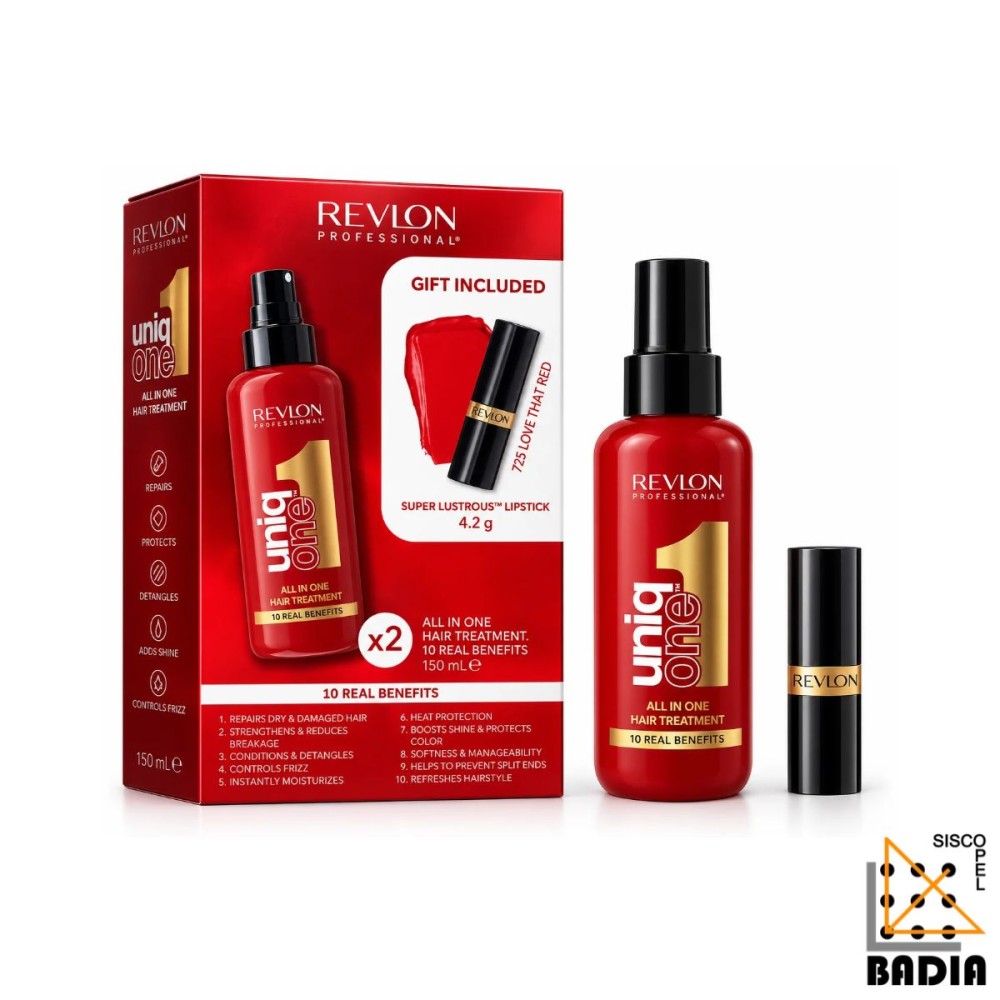 Pack Tratamiento Capilar Revlon Professional UniqOne 2x150ml + Labial Super Lustrous 725 Love That Red de 4,2g Pack Tratamiento Capilar Revlon Professional UniqOne 2x150ml + Labial Super Lustrous 725 Love That Red de 4,2g