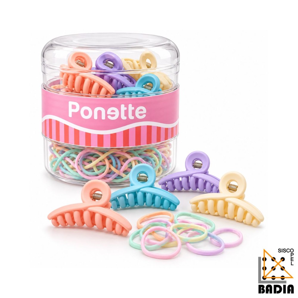 Pack de Mini Pinzas y Gomas Ponette en Tonos Pastel Multicolor Pack de Mini Pinzas y Gomas Ponette en Tonos Pastel Multicolor