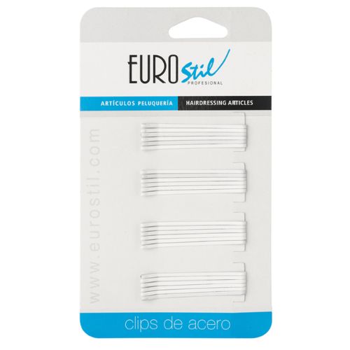 Juego 24 Clips de Acero 50mm Antideslizantes Eurostil Blancos para Peluquería Juego 24 Clips de Acero 50mm Antideslizantes Eurostil Blancos para Peluquería